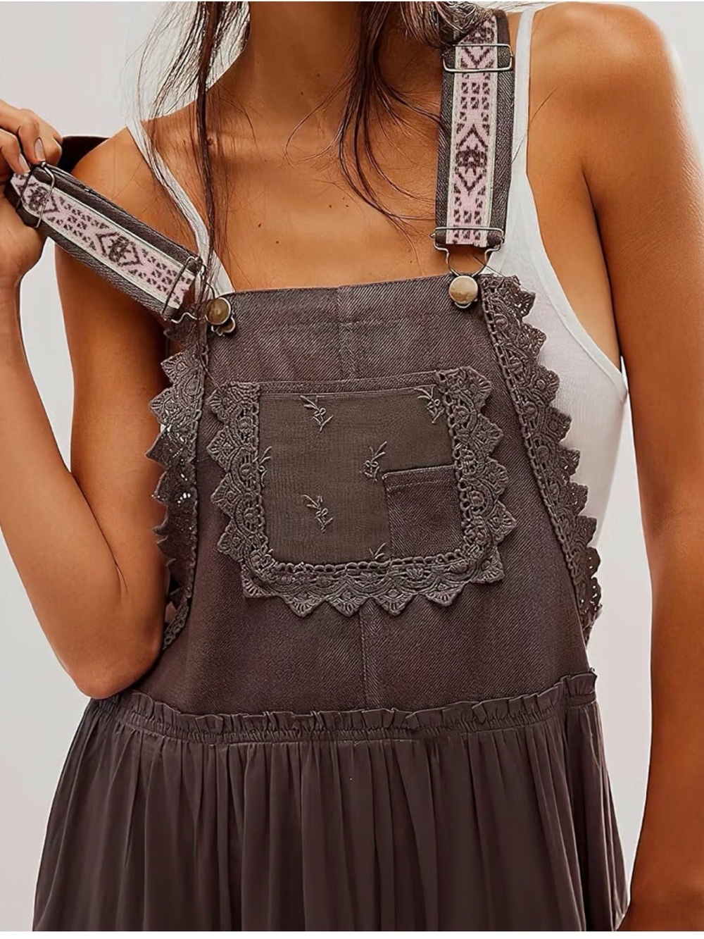 Womens Lace-Trim Brown Flowing Maxi Dress